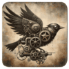 Clockwork bird illustration with gears, rivets, and mechanical wings.