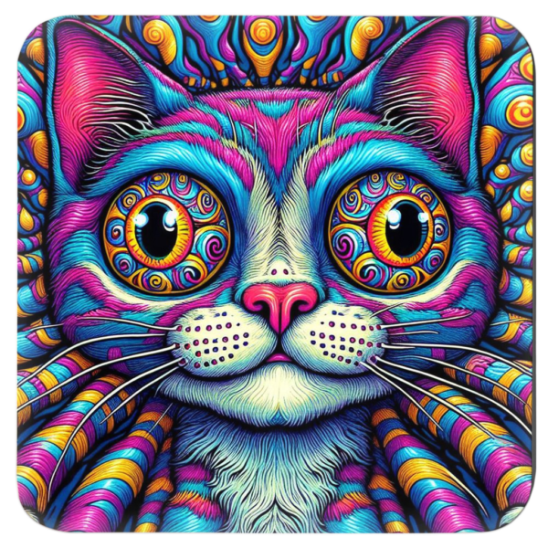 Bright, abstract cat portrait in a trippy art style.