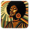 70s‑inspired portrait of a Black woman with an afro and patterned clothing on a sunburst background