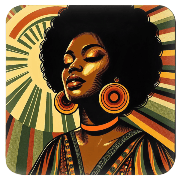 70s‑inspired portrait of a Black woman with an afro and patterned clothing on a sunburst background