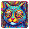 Trippy multicolored cat portrait with exaggerated eyes.