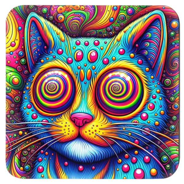 Trippy multicolored cat portrait with exaggerated eyes.