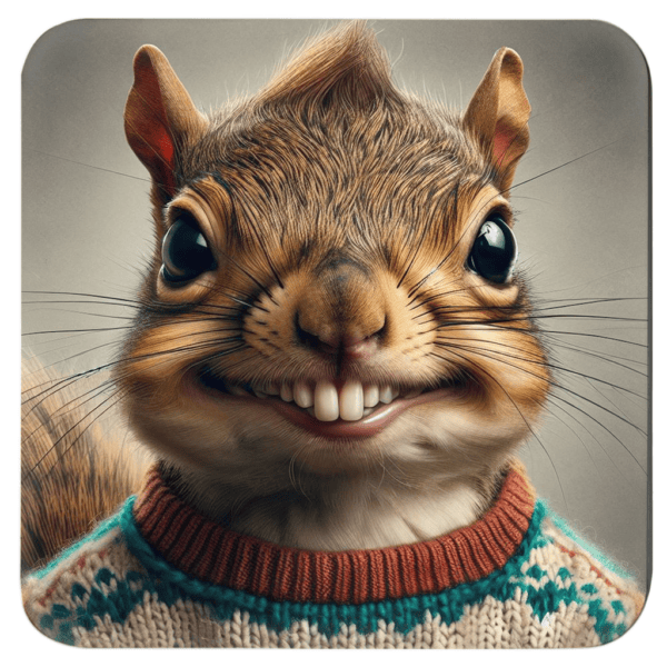 Coaster with image of an anthropomorphic squirrel in a retro school‑photo style, smiling awkwardly.