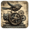 Steampunk‑inspired bird made of metal parts and clockwork elements.