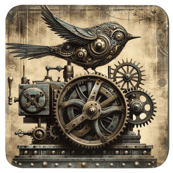 Steampunk‑inspired bird made of metal parts and clockwork elements.