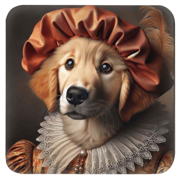 Anthropomorphic golden retriever dressed in Renaissance‑style clothing.