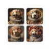 Set of 4 coasters with images of anthropomorphic golden retriever puppies posing for portraits wearing Victorian clothes.