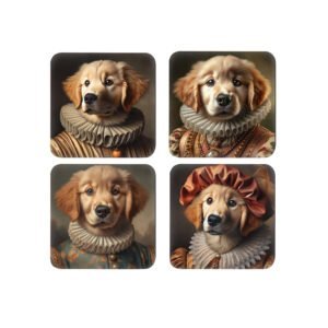 Set of 4 coasters with images of anthropomorphic golden retriever puppies posing for portraits wearing Victorian clothes.