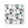 Mid‑century modern atomic cat print coaster photographed flat on a table with white background.