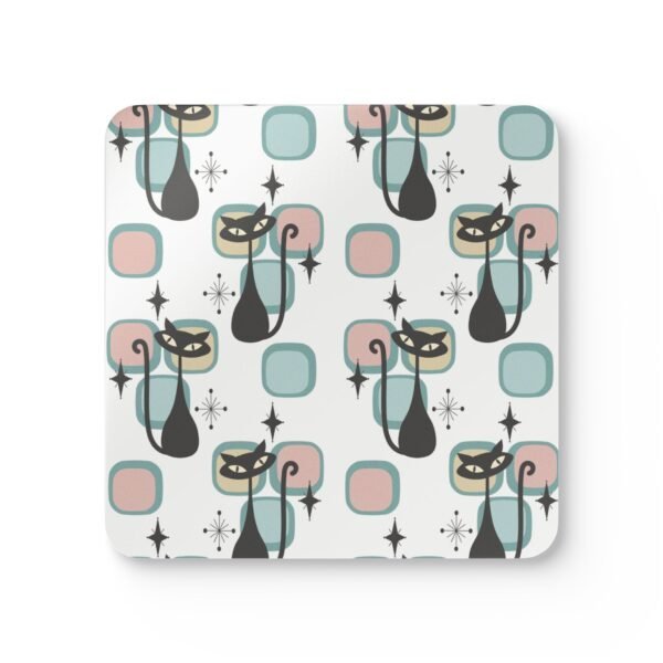 Mid‑century modern atomic cat print coaster photographed flat on a table with white background.