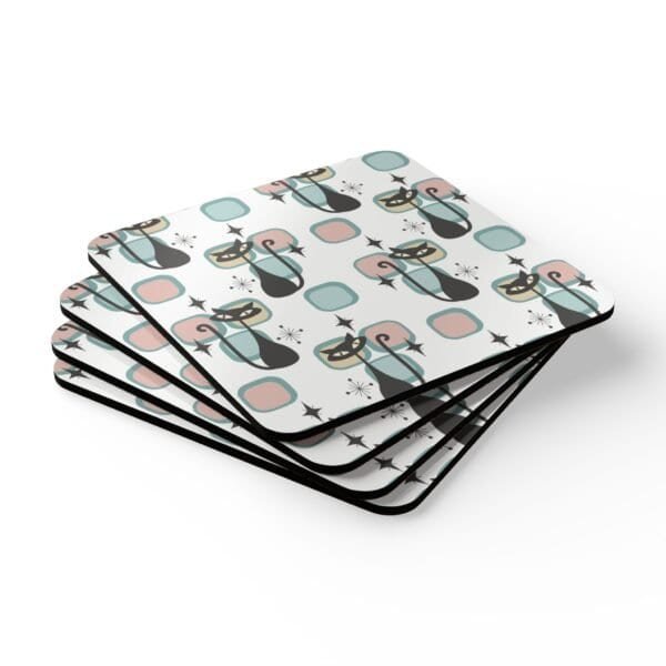 Mid‑century modern atomic cat print coaster set stacked and photographed flat on a table