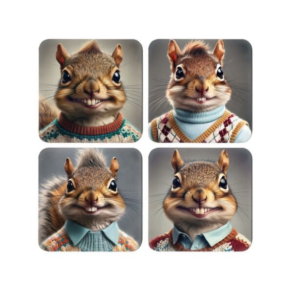 Set of 4 coasters with images of anthropomorphic squirrels in a goofy school‑photo style portraits,