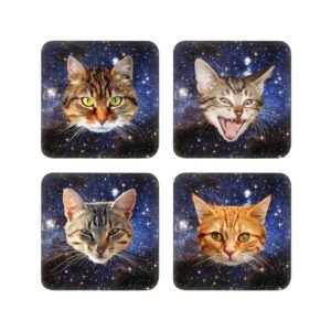Set of 4 coasters with cat face in space images.