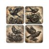 Four steampunk mechanical bird illustration with gears and metal details arranged in a grid.