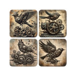 Four steampunk mechanical bird illustration with gears and metal details arranged in a grid.