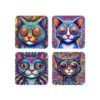 Set of 4 coasters with images of colorful psychedelic cat artwork with bold patterns.