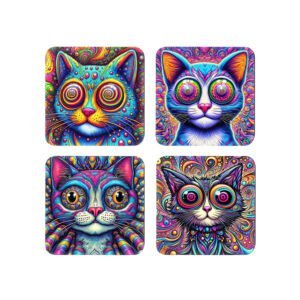 Set of 4 coasters with images of colorful psychedelic cat artwork with bold patterns.