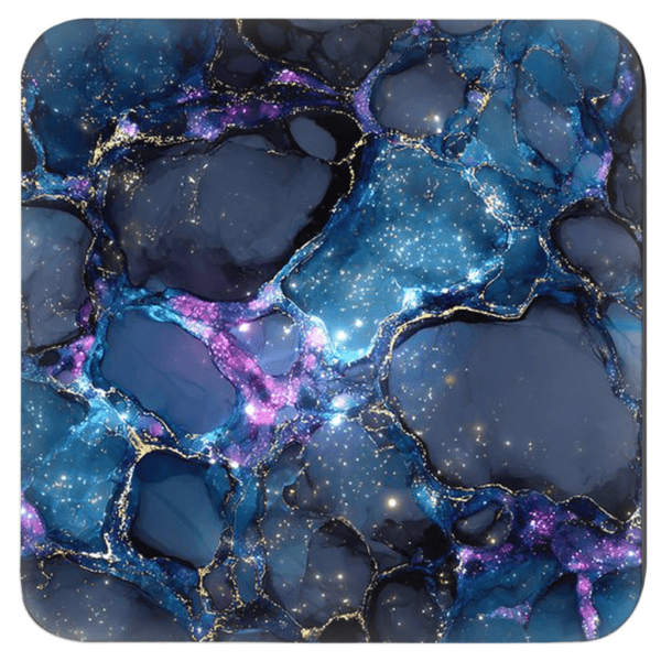 Square coaster with black galaxy marble design in purples turquoise tones.