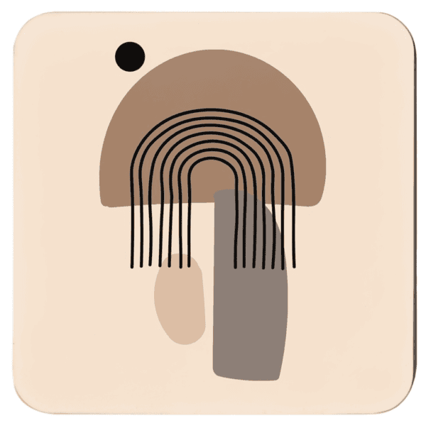 Square coaster with minimalist neutral design in shades of brown, tan and black.