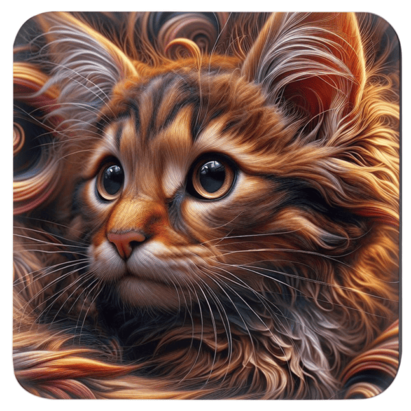 Square coaster with image of a curly hair orange cat face.