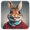 Anthropomorphic rabbit with exaggerated front teeth in a goofy school‑photo style portrait.