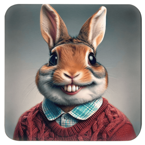 Anthropomorphic rabbit with exaggerated front teeth in a goofy school‑photo style portrait.