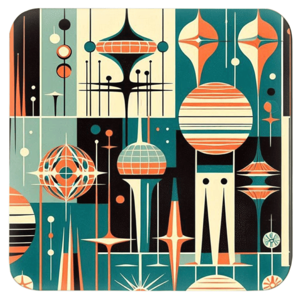 Square coaster with a Mid Century Modern design in salmon , teal and turquoise colors.