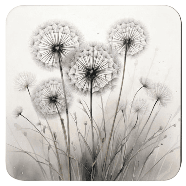 Square dandelion seed coaster with watercolor style image of dandelions printed on it.