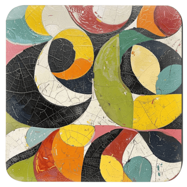 Square coaster with colorful abstract art print image on it.