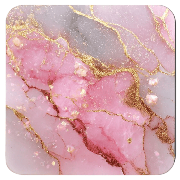 Square coaster with pink and gold glitter design print that looks like marble.