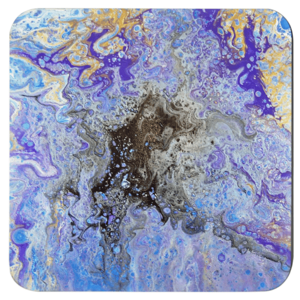 Abstract art in shades of purple, black and gold.