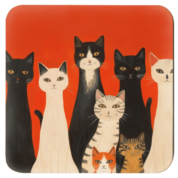 Square coaster with image of stylized cats on an orange background.