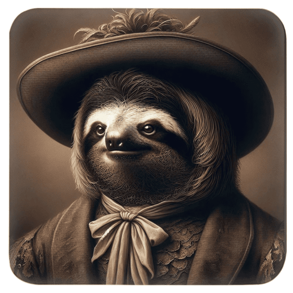 Square coaster with an image of a portrait anthropomorphic sloth dressed in Victorian clothing.