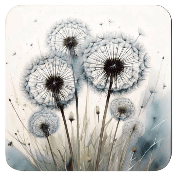 Square dandelion seed coaster with watercolor style image of dandelions printed on it.