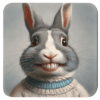 Anthropomorphic rabbit with exaggerated front teeth in a goofy school‑photo style portrait.