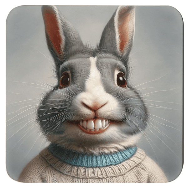 Anthropomorphic rabbit with exaggerated front teeth in a goofy school‑photo style portrait.