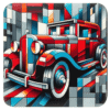 Square coaster with an old car in cubism style art printed on it.