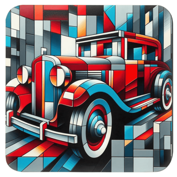 Square coaster with an old car in cubism style art printed on it.