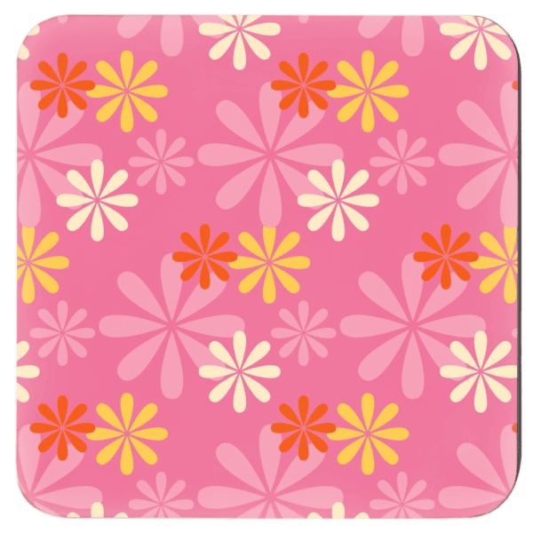 Square coaster with a retro pink and orange flower design.