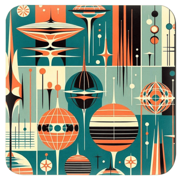 Square coaster with a Mid Century Modern design in salmon , teal and turquoise colors.