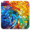Square coaster with a rainbow mosaic stained glass style image printed on it.