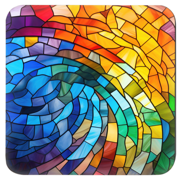 Square coaster with a rainbow mosaic stained glass style image printed on it.
