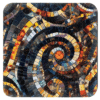 Square coaster with a mosaic design in black and amber colors printed on.