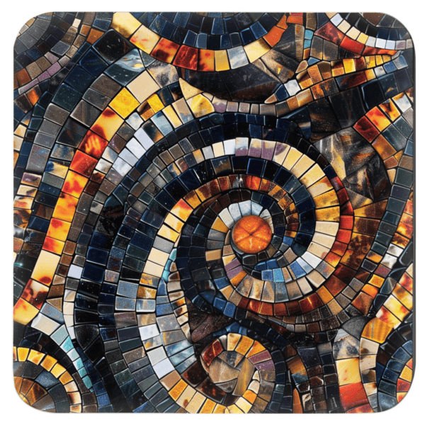 Square coaster with a mosaic design in black and amber colors printed on.
