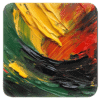 Square coaster with impasto style paint images in red, yellow, green and black.