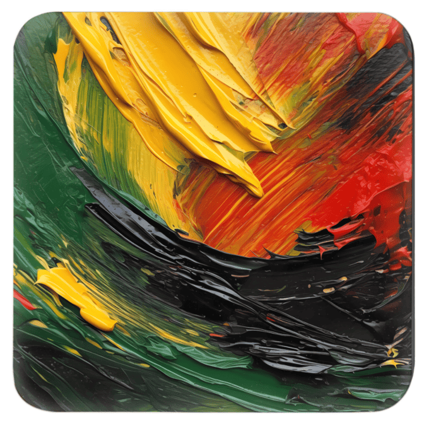 Square coaster with impasto style paint images in red, yellow, green and black.