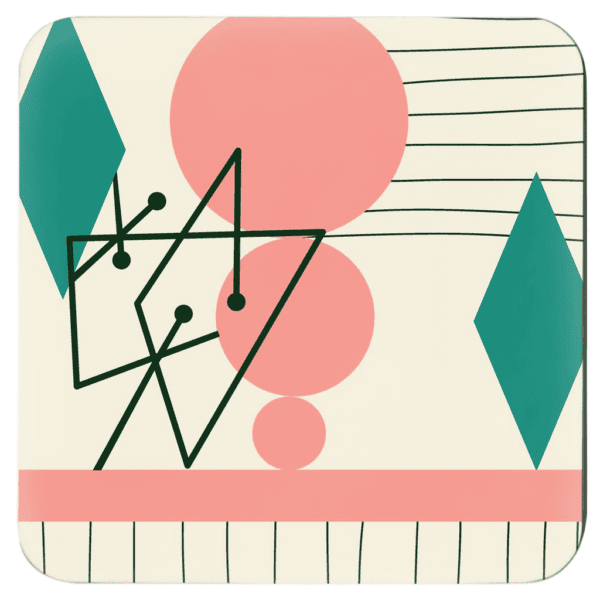 Square coaster with a mid century modern design in salmon pink, teal, green and off white colors.