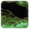 Square coaster with green, black and gold agate marble design.