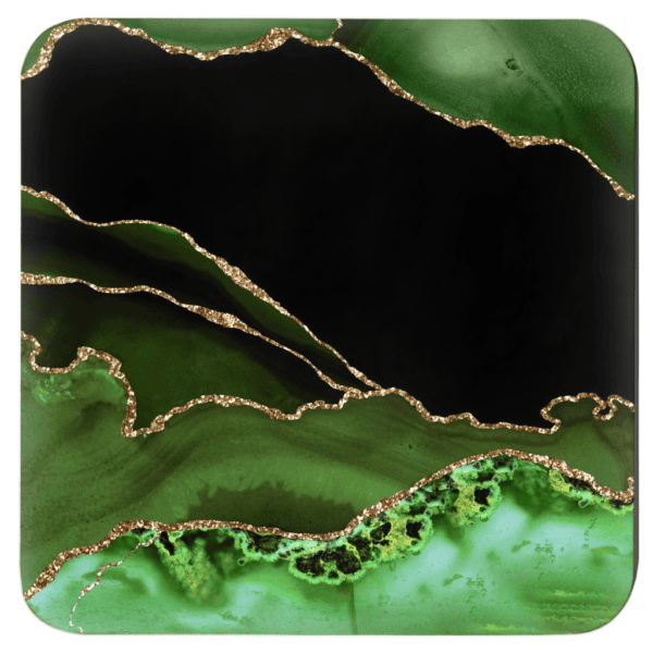 Square coaster with green, black and gold agate marble design.