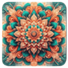 Coral and green mandala design on a square coaster.